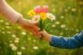Child and adult hands exchange a small bouquet of flowers, including pink tulips and yellow and white daisies. Royalty Free Stock Photo