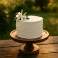 A round wedding cake with smooth white frosting Royalty Free Stock Photo