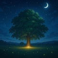 A large tree stands prominently in a moonlit field, surrounded by twinkling fireflies. Royalty Free Stock Photo