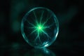 Glowing electric orb with filaments. green plasma ball in digital environment Royalty Free Stock Photo