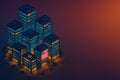 Isometric Illustration Of Modern City Office Towers At Night Royalty Free Stock Photo