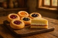 Assorted Jam Tarts And Sponge Cake Slice. Bakery Dessert Arrangement Royalty Free Stock Photo