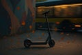 Electric Scooter On Urban Sidewalk With Blurred Bus And Falling Leaves. Autumn Mobility Concept Royalty Free Stock Photo