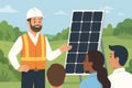 Instructor presenting solar panel to diverse group in outdoor cartoon illustration emphasizing renewable energy Royalty Free Stock Photo