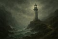 Rocky seaside cliffs at midday, a crumbling white lighthouse emitting faint ghostly glow, Royalty Free Stock Photo