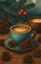 Rustic Holiday Coffee Scene with Blue Cup, Pine Cones, and Red Berries in Woodcut Style Royalty Free Stock Photo