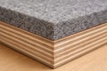 Close up shot of gray acoustic panel on layered plywood surface edge Royalty Free Stock Photo