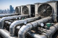 Industrial rooftop hvac system with pipes and fans against city skyline Royalty Free Stock Photo