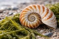 Colorful clamshells display their beauty on dark seaweed. Royalty Free Stock Photo
