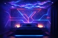 Futuristic neon bedroom interior with glowing cloud ceiling and modern lighting design Royalty Free Stock Photo