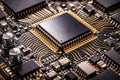 Microchip Processor on Circuit Board Macro Close Up, Semiconductor Technology and Artificial Intelligence Computing Concept Royalty Free Stock Photo