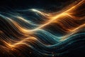 Abstract waveforms with glowing orange, gold, and teal particles on dark background Royalty Free Stock Photo