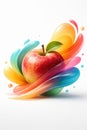 Red and yellow apple with leaf surrounded by colorful abstract swirls on white background Royalty Free Stock Photo