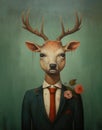 Image of portrait of a deer businessman wearing a suit. Animals. Illustration, Generative AI