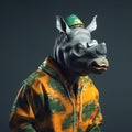 Image of portrait of a rhinoceros hip hop outfit costume., Fashion. Wildlife Animals