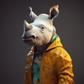 Image of portrait of a rhinoceros hip hop outfit costume., Fashion. Wildlife Animals