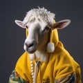 Image of portrait of a sheep hip hop outfit costume, Fashion. Illustration, Generative AI Royalty Free Stock Photo