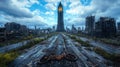 Abandoned Metropolis: Clocktower Symbolizes Lost History in Decaying Cityscape with Empty Streets and Rusty Bicycle Royalty Free Stock Photo