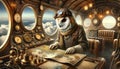 Owl Pilot Navigating Steampunk Airship in Cloudy Sky Royalty Free Stock Photo