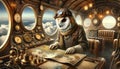 Owl Pilot Navigating Steampunk Airship in Cloudy Sky