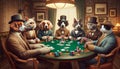 This image portrays anthropomorphized dogs and cats dressed in vintage clothing, engaged in a serious game of poker. Royalty Free Stock Photo