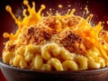The image portrays a bowl of cheesy macaroni pasta, with an indulgent splash of cheese or sauce mid-air It represents