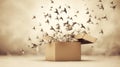 Birds flying out of cardboard box