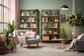 cute living area with pink, wooden, and grey decor