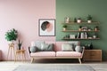 cute living area with pink, wooden, and grey decor