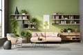 cute living area with pink, wooden, and grey decor