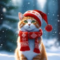 A charming scene of a Christmas cat donning a hat and scarf amidst a snowy forest