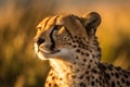 Close-up portrait of a cheetah looking at camera in sunset. Generative AI. Royalty Free Stock Photo