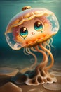 cartoon caricature chibi jellyfish body cute rusty distressed texture adorable sea generated by ai