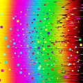 A digital glitch effect with fragmented colorful pixels scattered across the screen