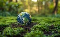 This image portrays the Earth nestled in a rich forest bed, symbolizing ecological harmony.