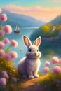 fluffy bunny sits with-flowers by a boat generated by ai