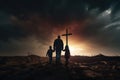 father and children walking in direction of a cross. holy salvation. Royalty Free Stock Photo