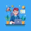 A man is focused on his laptop managing a backup database for big data in a vibrant workspace man