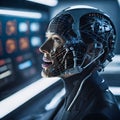 Futuristic Human-Robot Hybrid in High-Tech Control Room