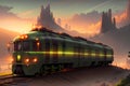 Green Locomotive Train in a Dusty Landscape under a Cloudy Sky and the Splendor of a Sunset. AI generated