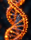 Image portrays a luminous DNA double helix structure, modeled with glowing orange spheres and thin rods against a dark