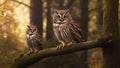 An image that portrays a magnificent brown owl perched regally on a rustic tree branch Royalty Free Stock Photo