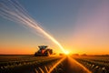 A tractor sprays pesticides on corn fields at sunset generated by ai Royalty Free Stock Photo