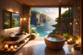 A modern bathroom with expansive windows that provide a unique nature view.