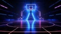 This image portrays a neon-lit basketball court with a futuristic vibe.
