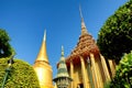 The image portrays an ornate temple in Thailand, its golden spire and roof gleaming under a clear blue sky, nestled amidst lush