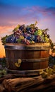 Clusters of Ripe Grapes. wine barrel. vibrant sunset.
