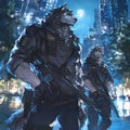 Determined Wolf Officers: A Night Patrol in the City Royalty Free Stock Photo