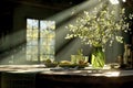 The image portrays a serene and inviting rustic dining scene, bathed in the warm glow of sunlight streaming through a window, Royalty Free Stock Photo
