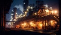The image portrays a sprawling industrial complex at night, illuminated with bright lights against the dark sky, featuring Royalty Free Stock Photo